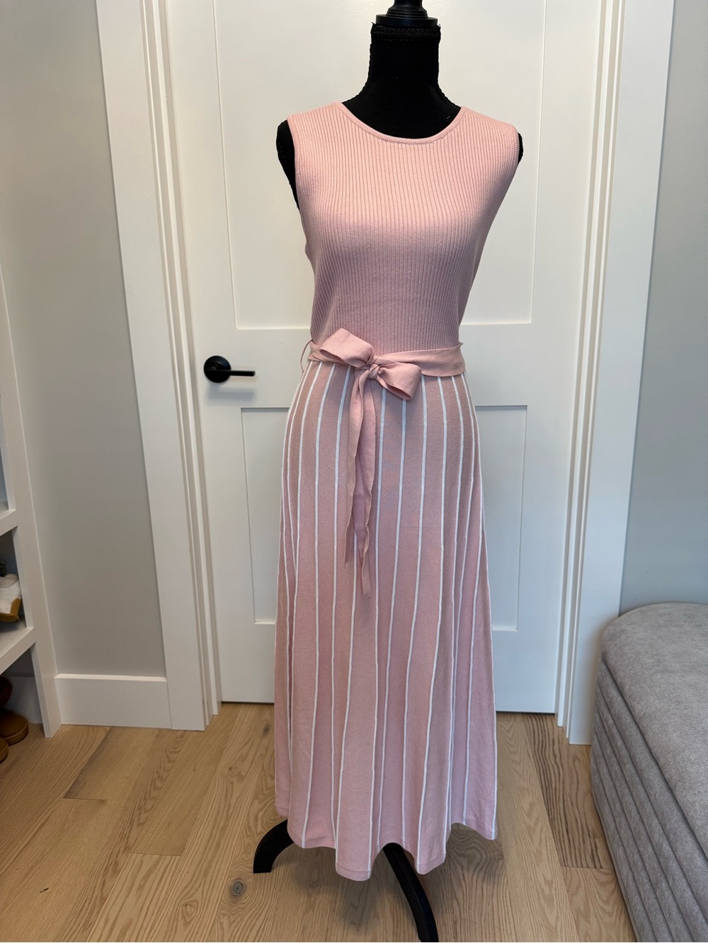 Sleeveless Pink Striped Knit Maxi Dress with Waist Tie - Picture 3 of 3